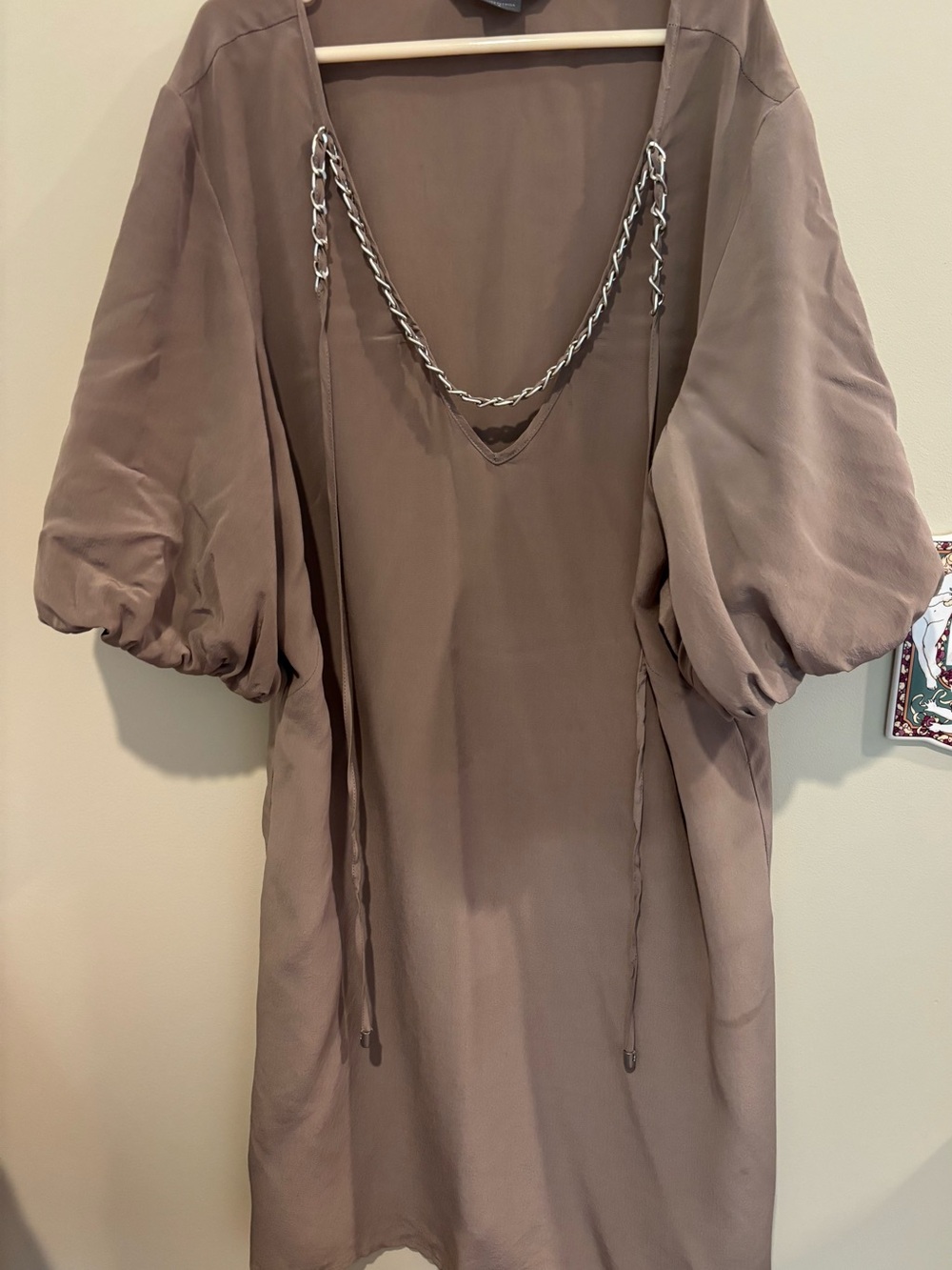 Armani Exchange Taupe Puff-Sleeve Mini Dress with Chain Detail